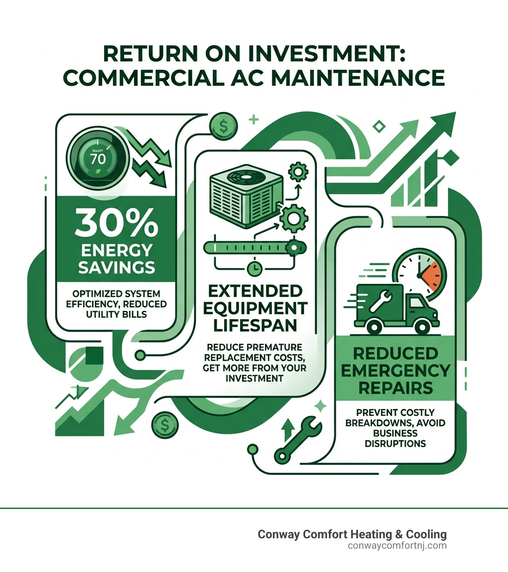 Infographic showing ROI of commercial AC maintenance: 30% energy savings, extended equipment lifespan, reduced emergency Infographic showing ROI of commercial AC maintenance: 30% energy savings, extended equipment lifespan, reduced emergency