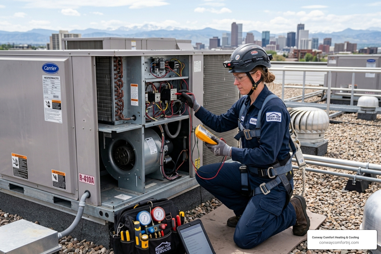 technician performing multi-point inspection on commercial HVAC system - commercial ac service technician performing multi-point inspection on commercial HVAC system - commercial ac service