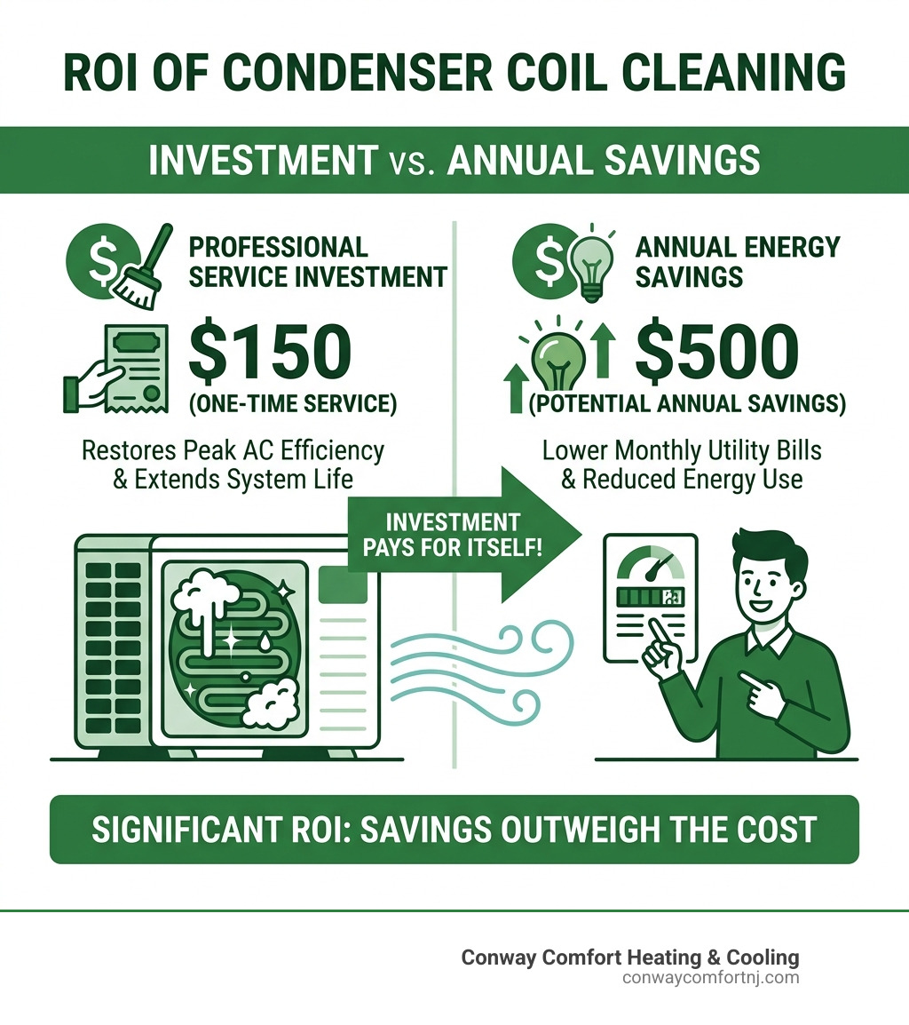 Infographic showing the ROI of coil cleaning: $150 service vs $500 annual energy savings - condenser coil cleaning service Infographic showing the ROI of coil cleaning: $150 service vs $500 annual energy savings - condenser coil cleaning service