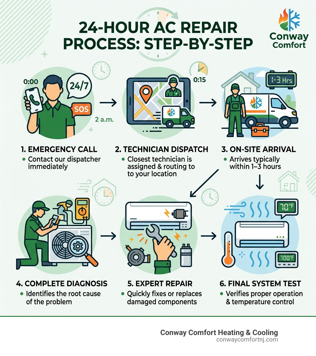 Infographic showing the 24-hour AC repair process: call, dispatch, arrival, diagnosis, repair, and system test - 24 hour AC Infographic showing the 24-hour AC repair process: call, dispatch, arrival, diagnosis, repair, and system test - 24 hour AC