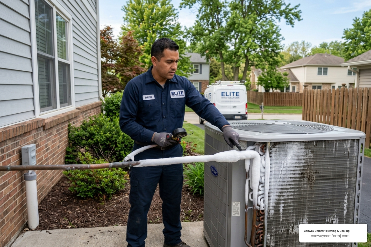 Technician pointing at ice buildup on AC refrigerant lines caused by dirty coils - condenser coil cleaning service Technician pointing at ice buildup on AC refrigerant lines caused by dirty coils - condenser coil cleaning service