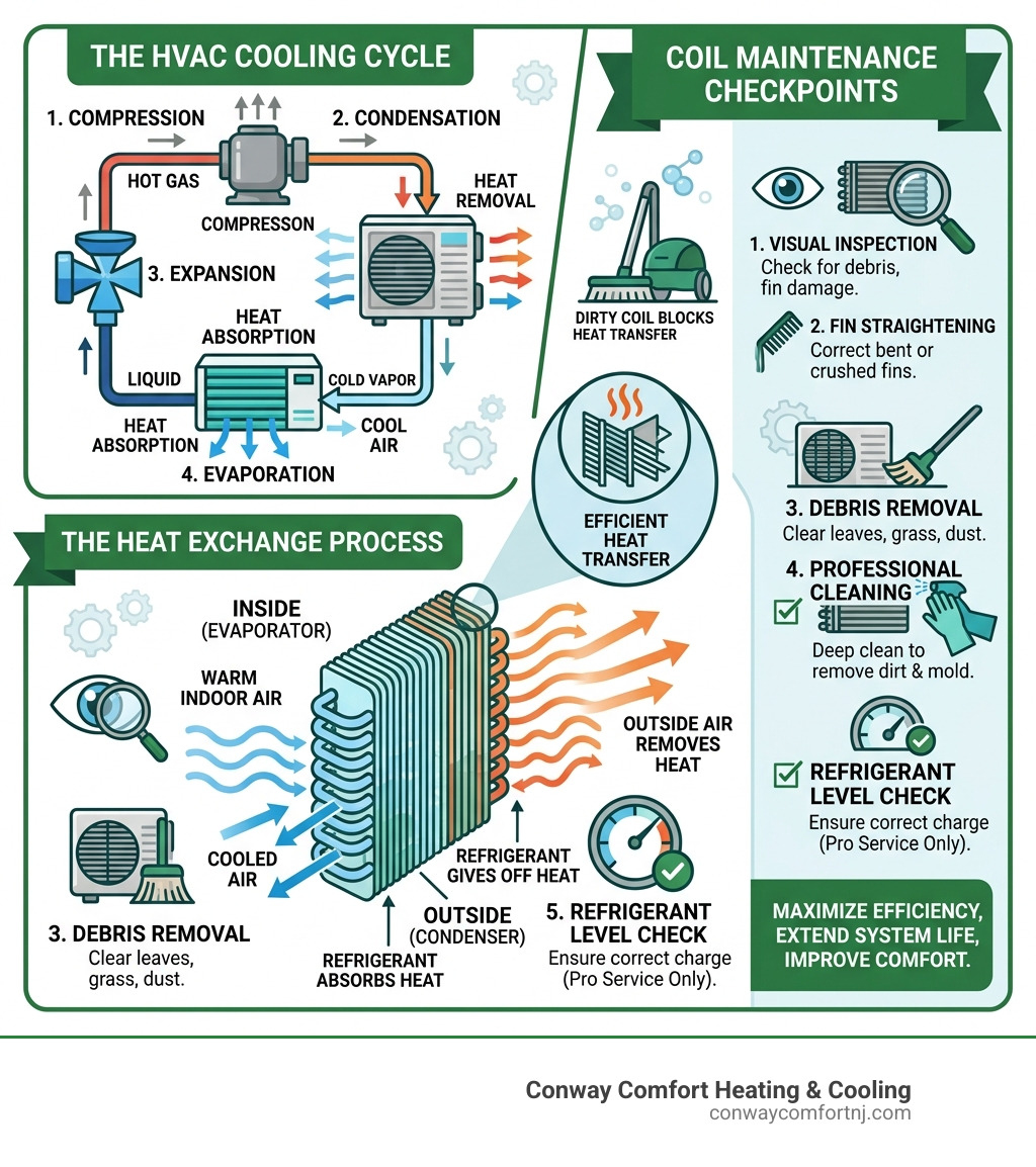Infographic showing HVAC cooling cycle, heat exchange process, and coil maintenance checkpoints - hamilton hvac coil experts Infographic showing HVAC cooling cycle, heat exchange process, and coil maintenance checkpoints - hamilton hvac coil experts